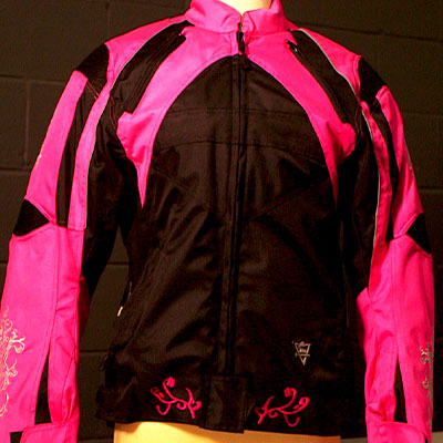 Women Motorcycle Black Pink Durable Textile Jacket With Zippered Front Closure 